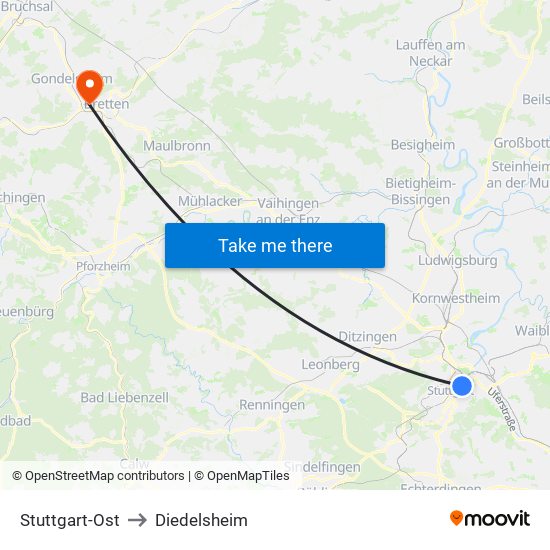 Stuttgart-Ost to Diedelsheim map