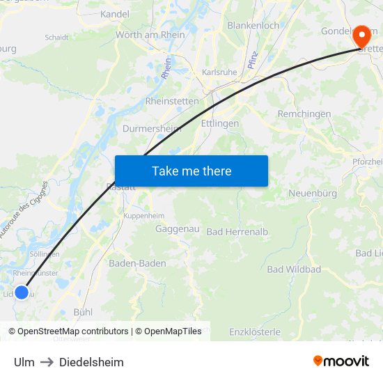 Ulm to Diedelsheim map
