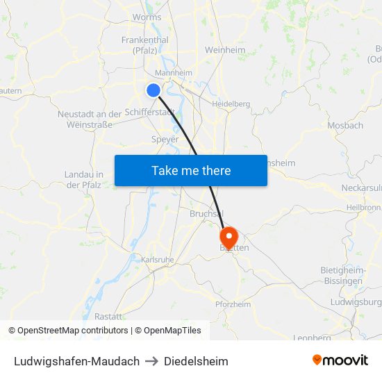 Ludwigshafen-Maudach to Diedelsheim map