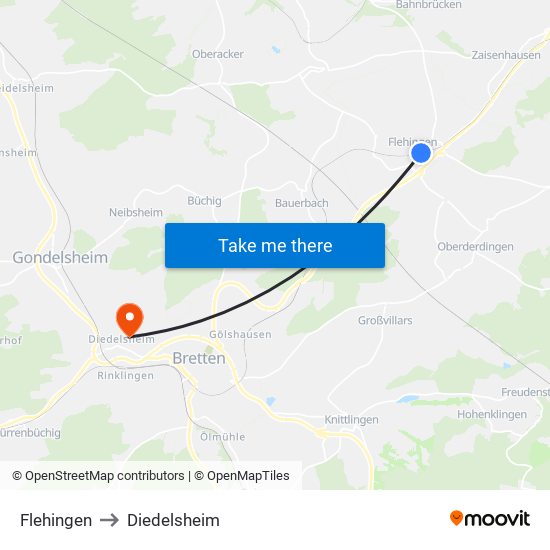 Flehingen to Diedelsheim map