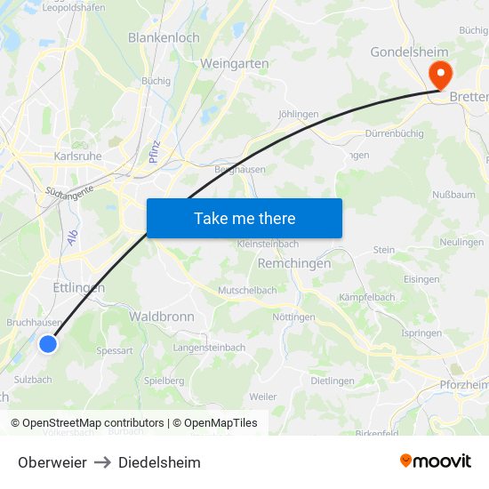 Oberweier to Diedelsheim map