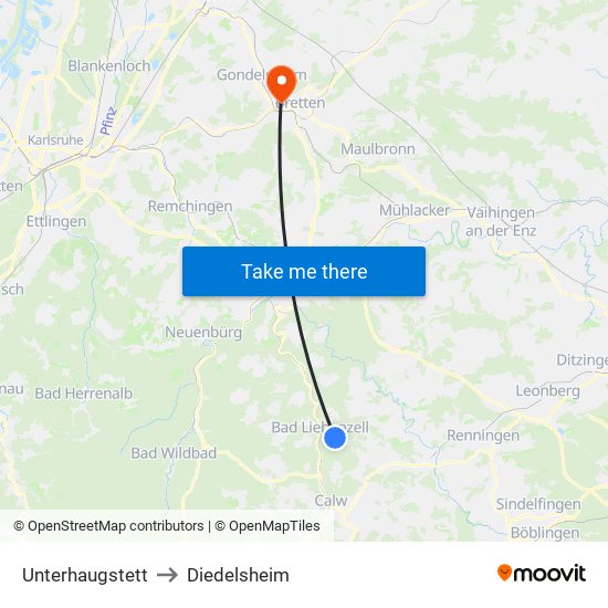 Unterhaugstett to Diedelsheim map