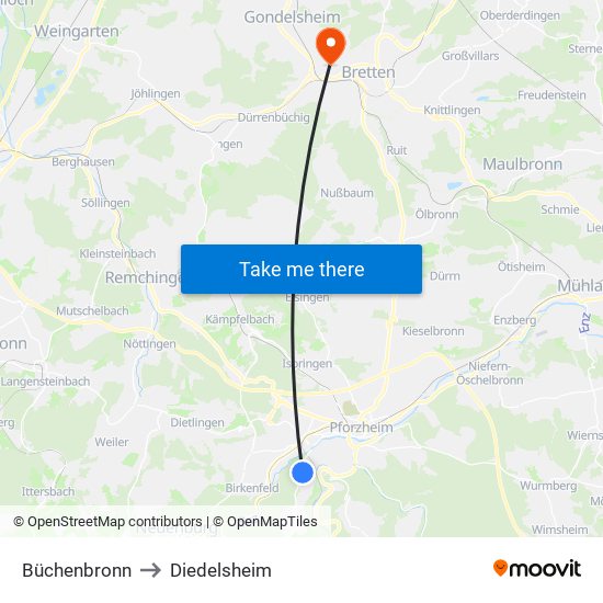Büchenbronn to Diedelsheim map