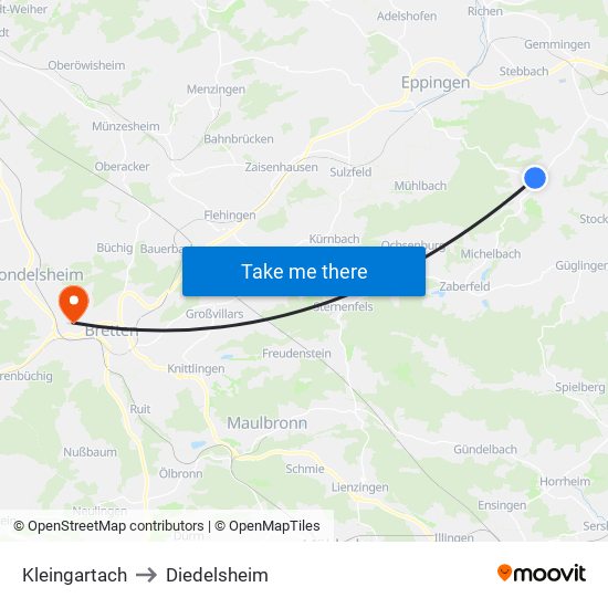 Kleingartach to Diedelsheim map