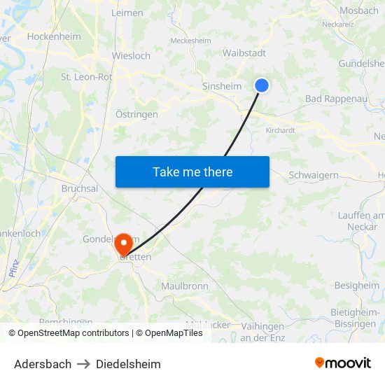 Adersbach to Diedelsheim map