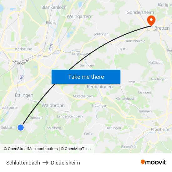 Schluttenbach to Diedelsheim map