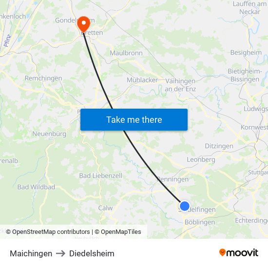 Maichingen to Diedelsheim map