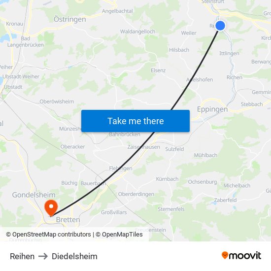 Reihen to Diedelsheim map