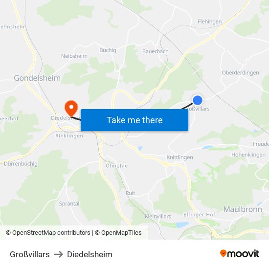 Großvillars to Diedelsheim map