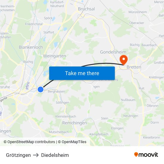 Grötzingen to Diedelsheim map