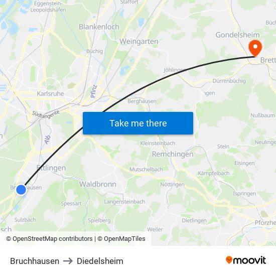 Bruchhausen to Diedelsheim map