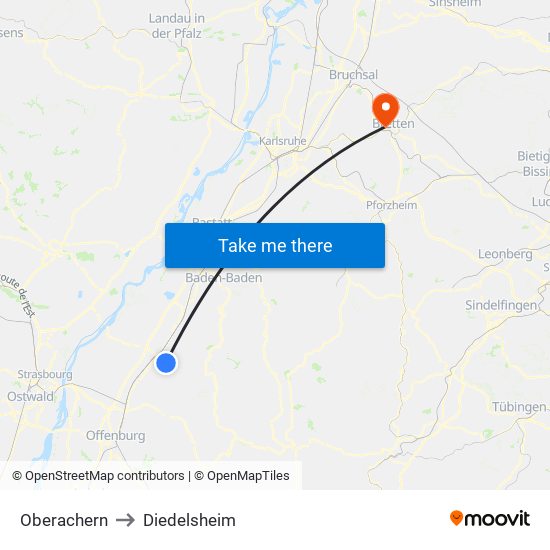 Oberachern to Diedelsheim map