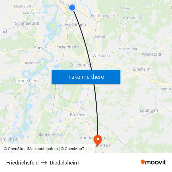 Friedrichsfeld to Diedelsheim map