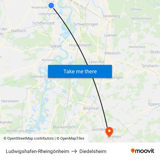 Ludwigshafen-Rheingönheim to Diedelsheim map