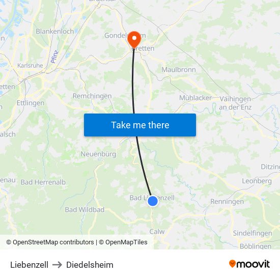 Liebenzell to Diedelsheim map