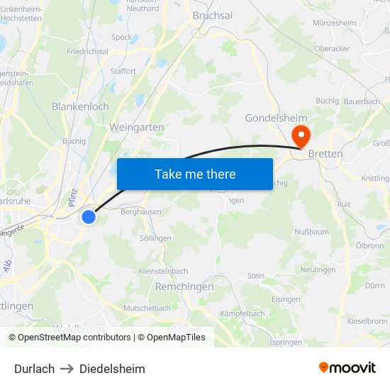 Durlach to Diedelsheim map