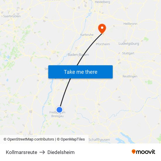 Kollmarsreute to Diedelsheim map