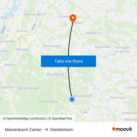 Maisenbach-Zainen to Diedelsheim map