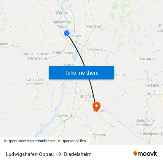 Ludwigshafen-Oppau to Diedelsheim map