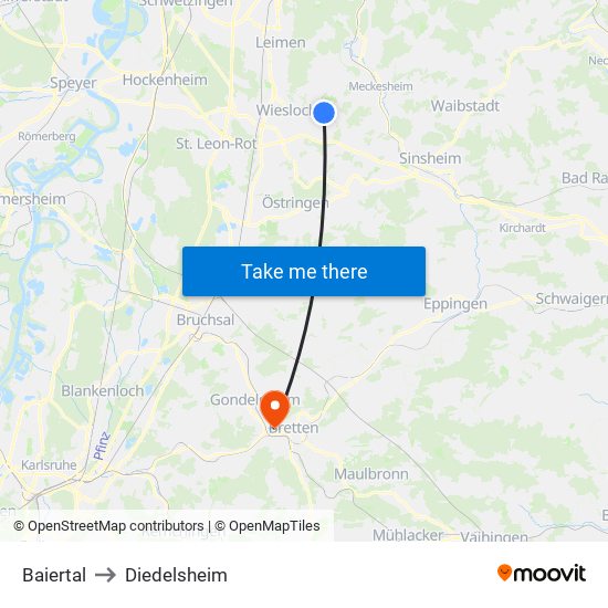 Baiertal to Diedelsheim map