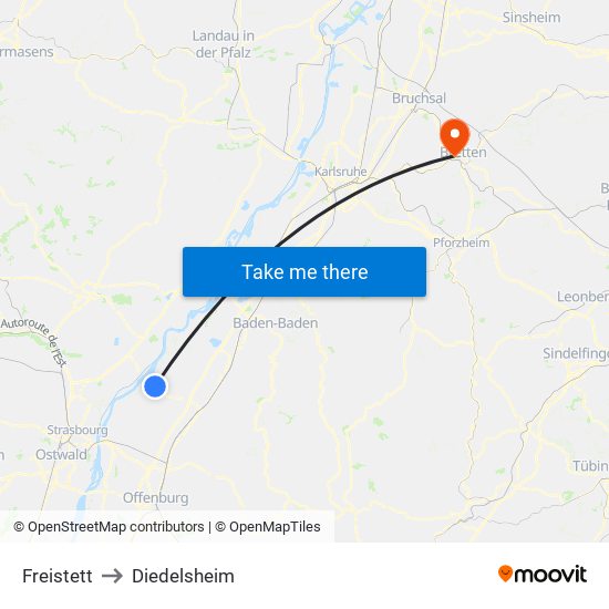 Freistett to Diedelsheim map