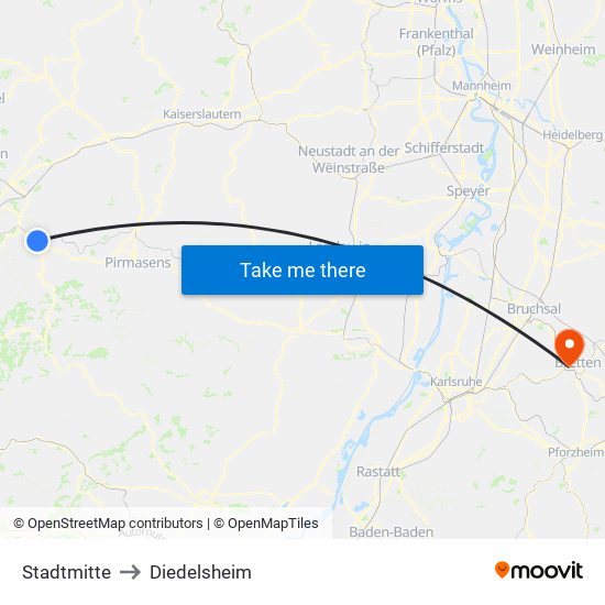 Stadtmitte to Diedelsheim map