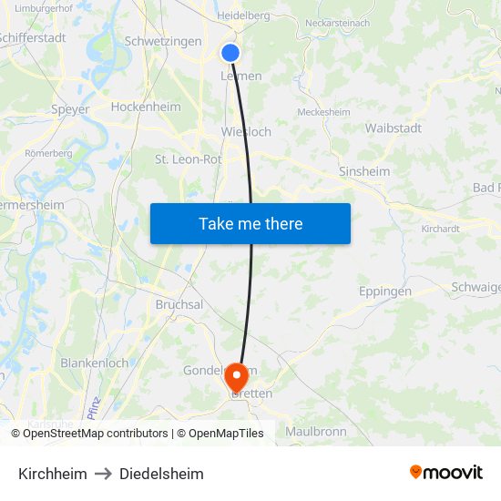 Kirchheim to Diedelsheim map