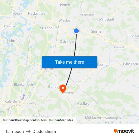 Tairnbach to Diedelsheim map