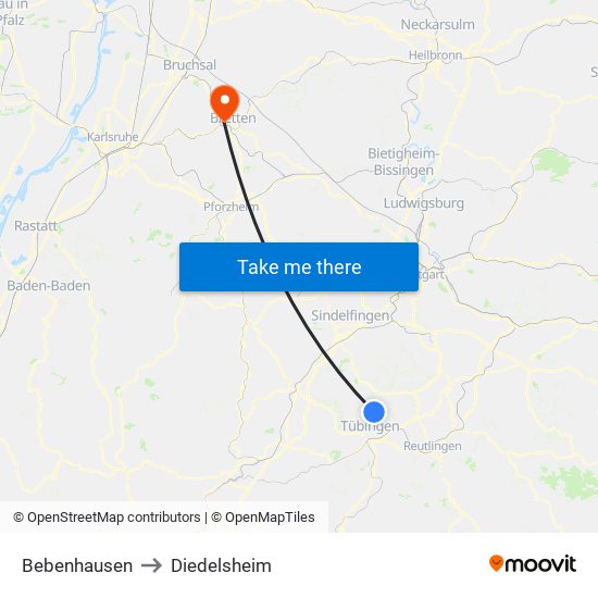 Bebenhausen to Diedelsheim map