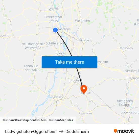 Ludwigshafen-Oggersheim to Diedelsheim map