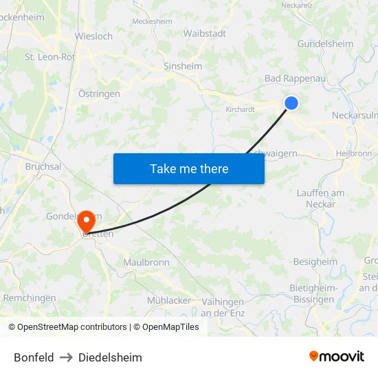 Bonfeld to Diedelsheim map