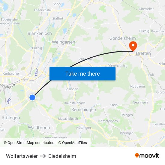 Wolfartsweier to Diedelsheim map