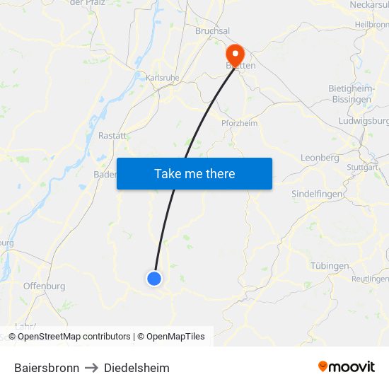 Baiersbronn to Diedelsheim map