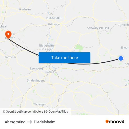 Abtsgmünd to Diedelsheim map