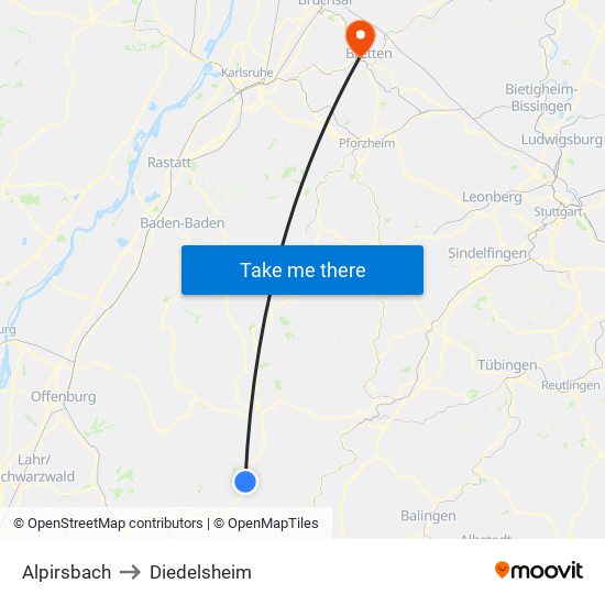 Alpirsbach to Diedelsheim map