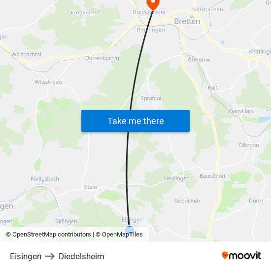 Eisingen to Diedelsheim map
