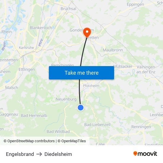 Engelsbrand to Diedelsheim map