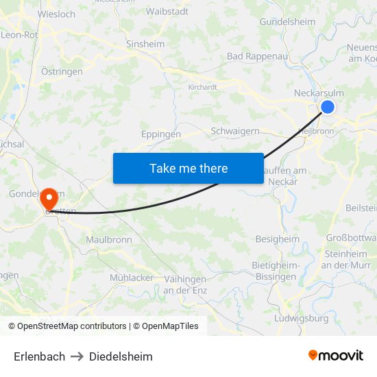 Erlenbach to Diedelsheim map