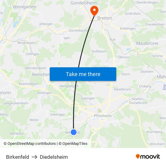 Birkenfeld to Diedelsheim map