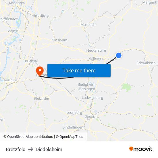 Bretzfeld to Diedelsheim map