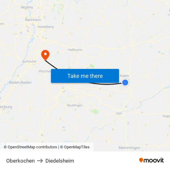 Oberkochen to Diedelsheim map
