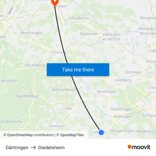 Gärtringen to Diedelsheim map