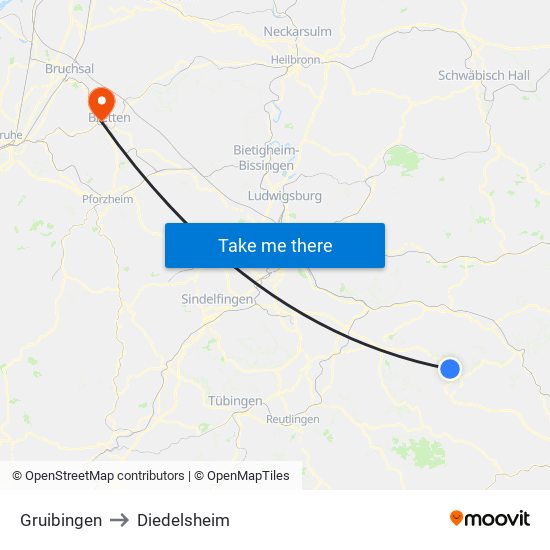 Gruibingen to Diedelsheim map