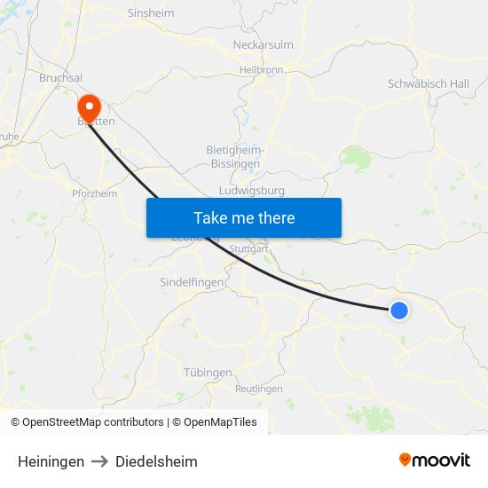 Heiningen to Diedelsheim map