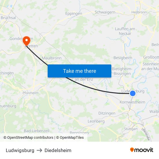 Ludwigsburg to Diedelsheim map