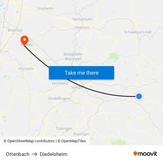 Ottenbach to Diedelsheim map