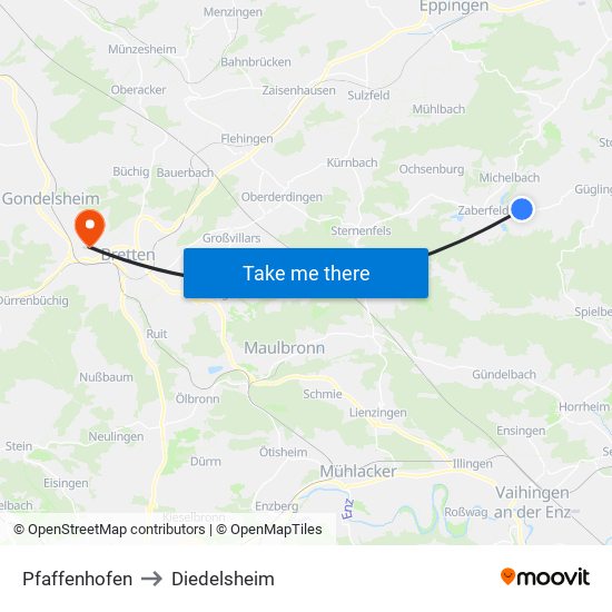 Pfaffenhofen to Diedelsheim map