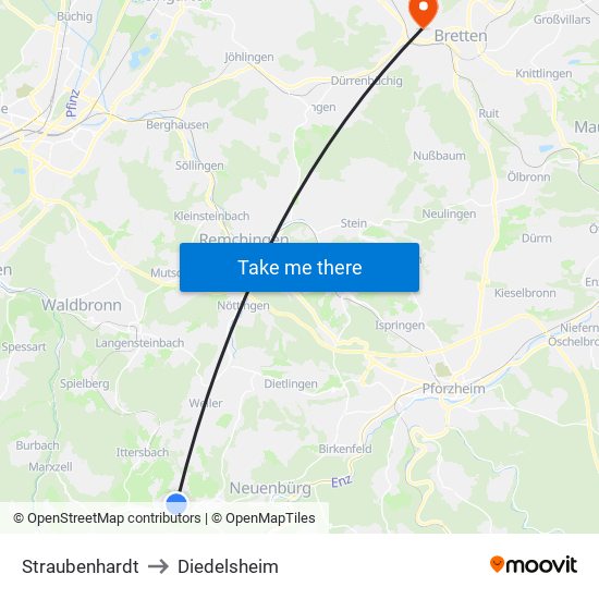 Straubenhardt to Diedelsheim map