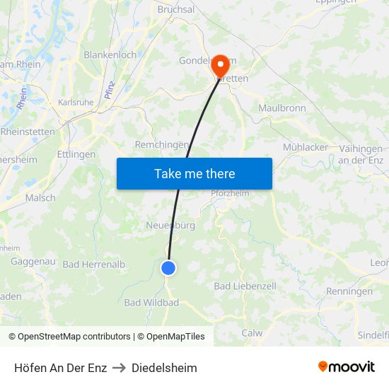 Höfen An Der Enz to Diedelsheim map