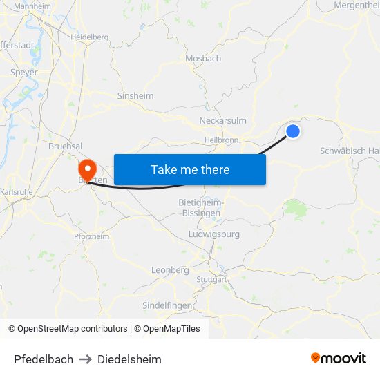 Pfedelbach to Diedelsheim map
